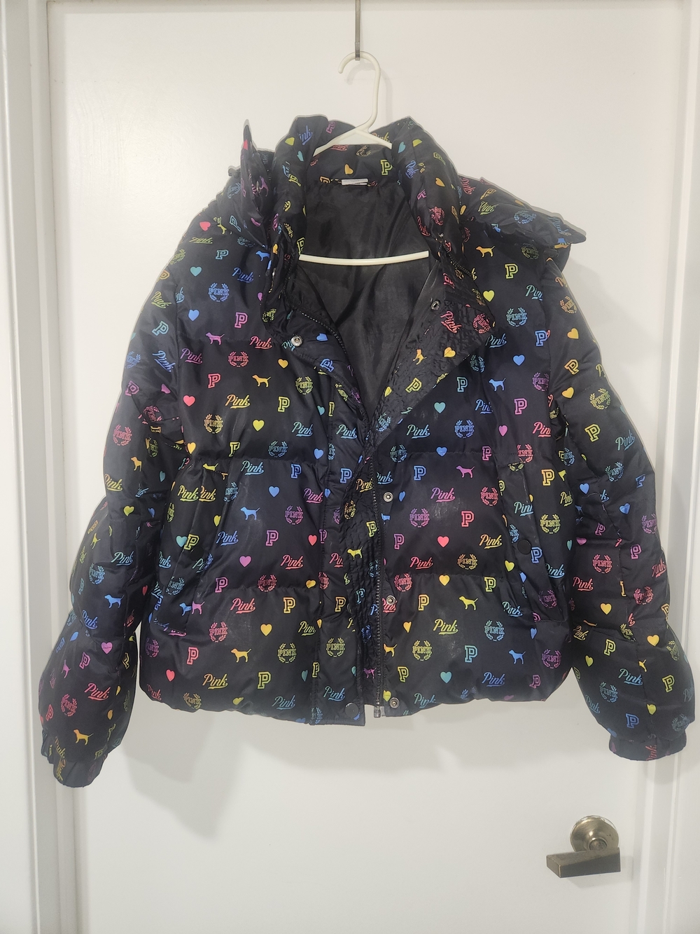 PINK Victoria's Secret Black Puffer Jacket with Rainbow Logo Icons
